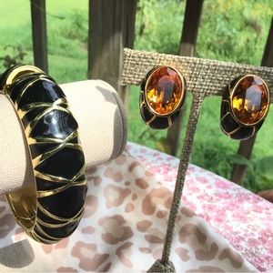 KJL black enamel gold bangle+Joan Rivers black enamel citrine topaz earrings set